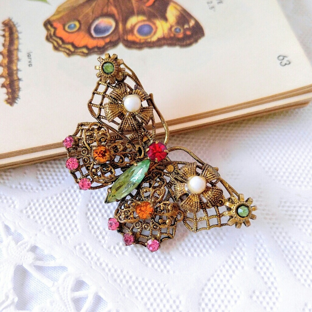 RARE Vintage Jeweled Butterfly Brooch-Pin-Brass